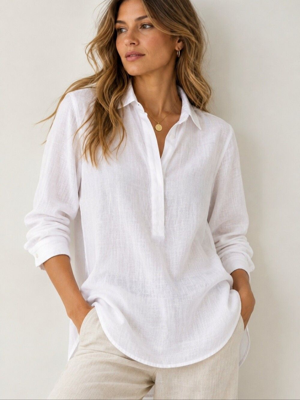 J. Mclaughlin Linen White shirt Natural Coastal Travel Medium Vacation